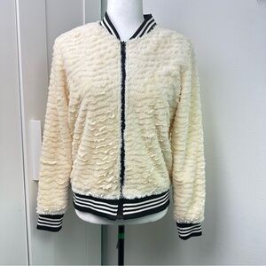 Cynthia Rowley Faux Fur Bomber Jacket Lightweight Fuzzy Cream Black Women's S/P